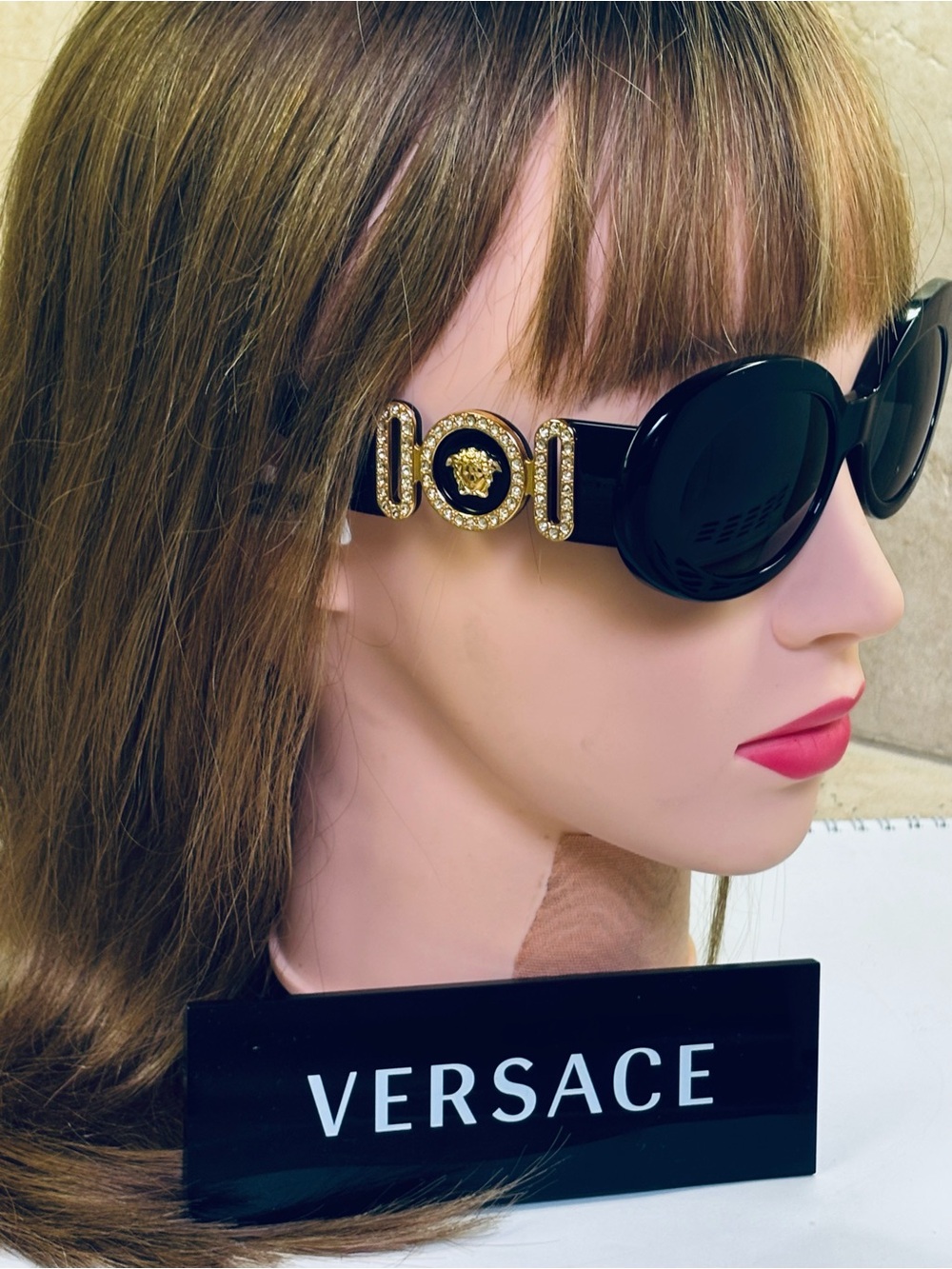 New MOD 4426BU GB1/87 Versace Black Oval Sunglasses Gold/Crystal Medusa Temples